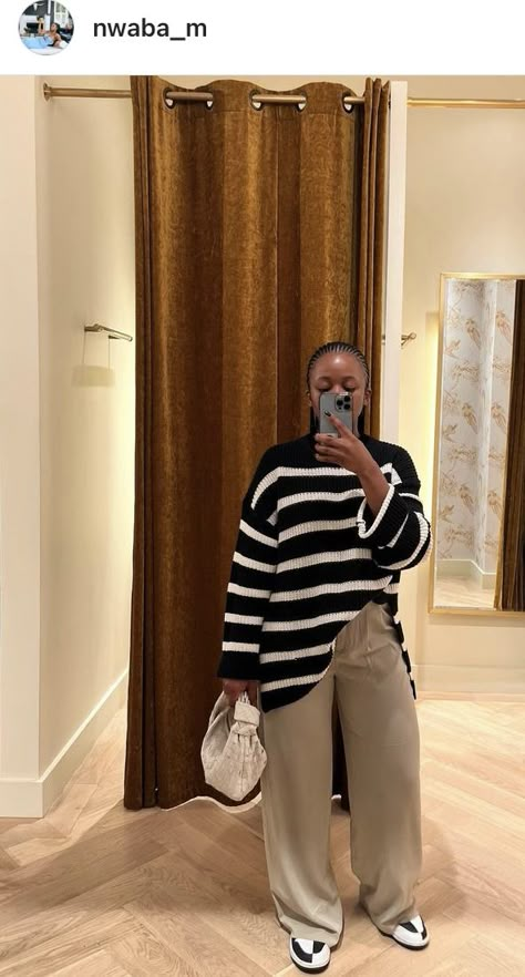 Trousers And Jordans Outfit, Baggy Work Outfit, Baggy Trousers Outfit, Chilly Weather Outfits, Modern Chic Fashion, Striped Sweater Outfit, Cute Work Outfits, Stylish Work Attire, Baggy Trousers