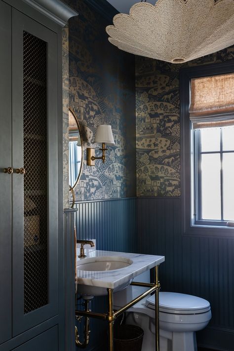 EMILY KENNEDY — derby house by laura design company All Blue Powder Room, Slate Blue Powder Room, Dark Blue Powder Room Ideas, Blue Wainscoting Bathroom, Black White And Blue Bathroom, Ice Blue Bathroom, Dark Blue Bathroom Tiles, Blue Powder Room Ideas, Navy Blue Powder Room