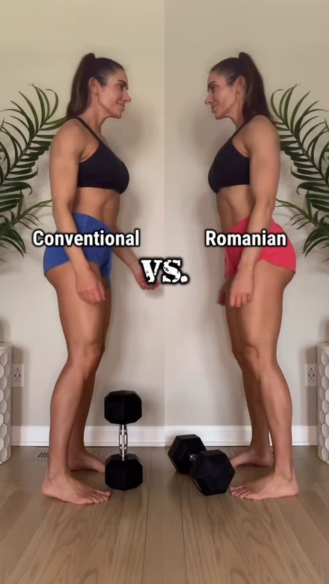 Sandy Sklar | Fitness Trainer | Conventional Vs. Romanian DEADLIFTS ✔️ CONVENTIONAL deadlifts are typically performed using a barbell, but can be done using a kettle or... | Instagram Dumbell Romanian Deadlift, Dumbbell Deadlift Form, Dumbbell Romanian Deadlift, Dumbbell Deadlift Women, Russian Deadlift Form, Dumbell Deadlift Women, Deadlift With Dumbbells, Romanian Deadlift Form, Dumbell Deadlift