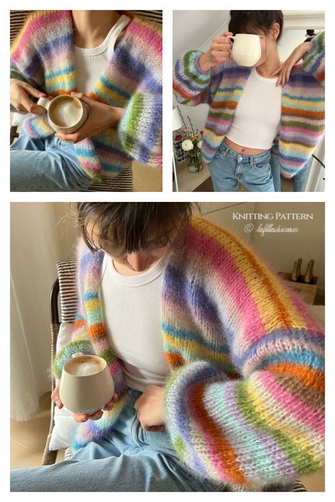 Rainbow Cardigan Knitting Pattern Rainbow Cardigan Knitting Pattern, Cable Cardigan Knitting Patterns, Rainbow Cardigan, Cable Cardigan, Wool Projects, Shrug Cardigan, Cardigan Sweater Coat, Mohair Cardigan, Free Knitting Pattern