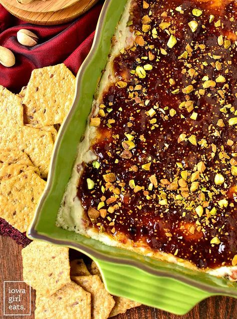 Warm Fig and Prosciutto Goat Cheese Dip - Iowa Girl Eats Appetizers Gluten Free, Prosciutto Goat Cheese, Fig And Prosciutto, Cream Cheese Recipes Dip, Goat Cheese Dip, Gluten Free Easter, Gluten Free Thanksgiving, Gluten Free Appetizers, Iowa Girl Eats