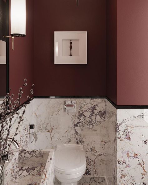 Burgundy Bathroom, Guest Toilet, Washroom Design, Lobby Interior, Toilet Design, Bathroom Inspiration Decor, Bathroom Design Luxury, Apartment Interior, Tag A Friend