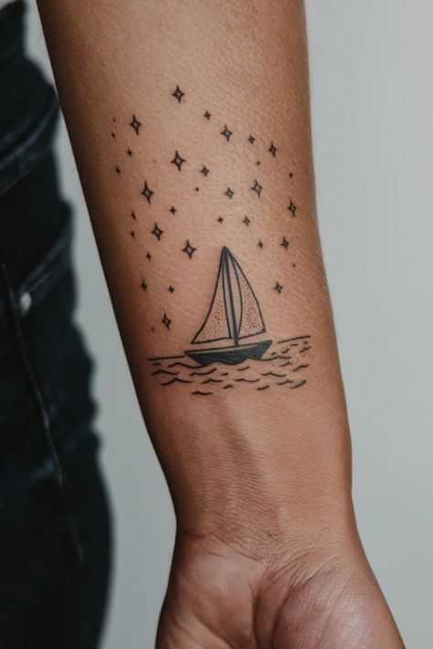 Sailboat tattoo on forearm surrounded by stars. Elegant Wrist Tattoos, Sail Boat Tattoo, Small Tattoo Ideas Women, Wrist Tattoo Designs For Women, Dainty Wrist Tattoos, Tat Drawings, Dainty Tattoo Designs, Small Tattoo Ideas Female, Fisherman Aesthetic