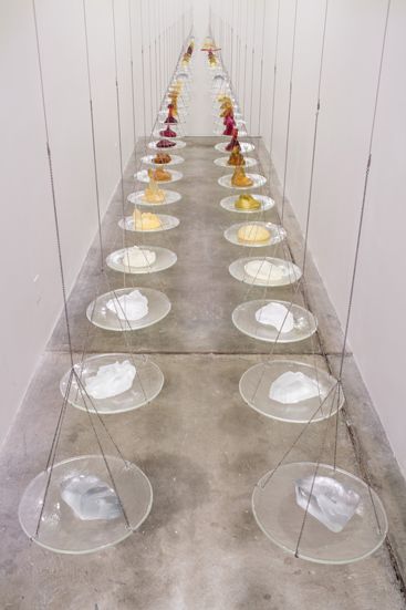 Emily Nachison Hall of Conversion, cast glass and steel, 2013 Table Installation, Growth And Decay, Cast Glass, Installation Design, Bottle Lights, Mirror Set, Art Basel, College Art, Food Design