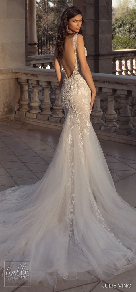 Sleeveless lace mermaid wedding dress with trumpet tulle skirt, open back, plunging v-neckline and site cut out illusion panels | Julie Vino Wedding Dresses 2020 | Barcelona Bridal Collection  #weddingdress #weddingdresses #bridalgown #bridal #bridalgowns #weddinggown #bridetobe #weddings #bride #dreamdress #bridalcollection #bridaldress #dress See more gorgeous bridal gowns by clicking on the photo Julie Vino Wedding Dress, Backless Mermaid Wedding Dresses, Wedding Dress Gallery, Detachable Train, Wedding Dresses 2020, Country Wedding Dresses, Backless Wedding, Lace Bridal Gown, Mod Wedding