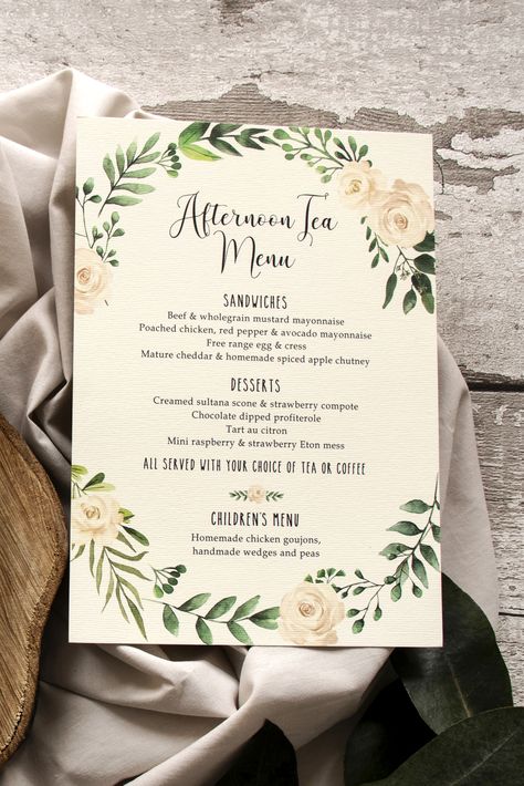 Cottagecore Menu Design, Afternoon Tea Menu Design, High Tea Menu Design, Hi Tea Menu Ideas, High Tea Menu Ideas, Afternoon Tea Invitations, Wedding Menu Card Ideas, Tea Menu Design, Afternoon Tea Menu Ideas