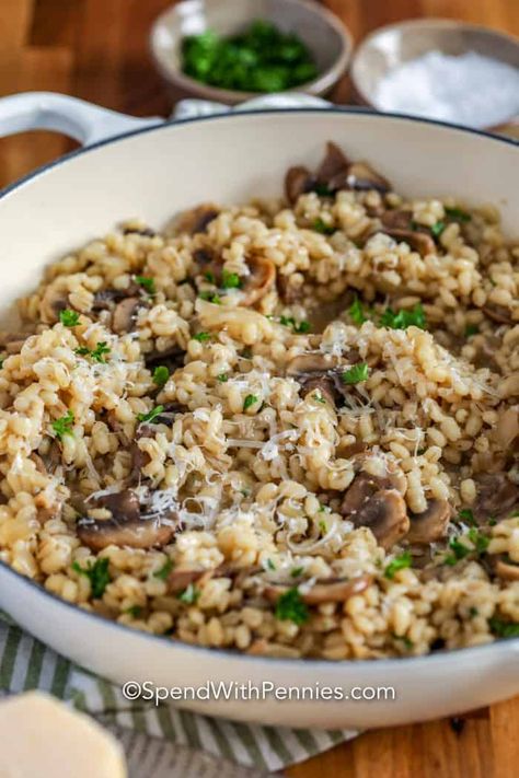 Mushroom Barley Risotto is a unique & elegant dish. Made with pearl barley, mushrooms & garlic then mixed with parmesan cheese for a creamy & savory flavor! Easy Rice Side Dishes, Easy Rice Pilaf, Mushroom Barley, Risotto Recipes Easy, Juicy Pork Tenderloin, Barley Risotto, Barley Recipe, Crunchy Salad, Rice Side Dishes