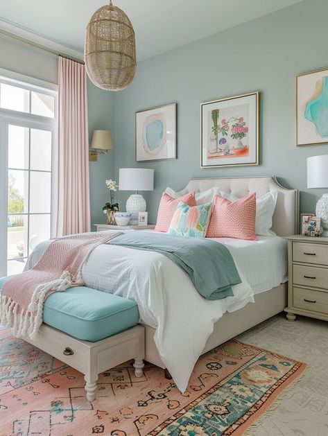 76 Dreamy Bedroom Ideas to Inspire Every Teenage Girl to Create the Perfect Corner Blue Girls Bedroom, Teal Girls Bedroom, Colorful Girls Bedroom, Teal And Pink Bedroom, Blue Girls Rooms, Twin Girl Bedrooms, Girls Blue Bedroom, Blue And Pink Bedroom, Girls Room Colors