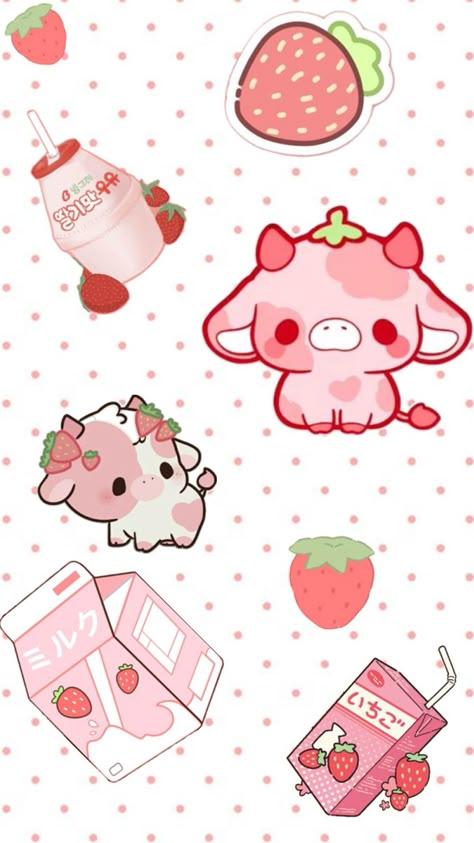 Strawberry Collage, Fashion Wall Art Printables, Cow Wallpaper, Cow Drawing, Strawberry Cow, Walpaper Hello Kitty, Cute Easy Doodles, Floral Wallpaper Iphone