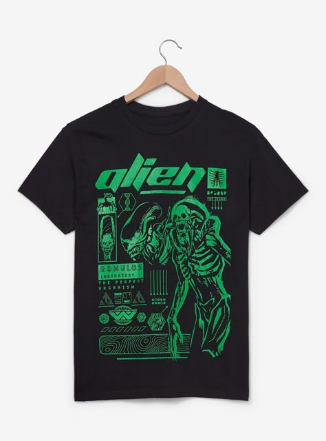 Add some extraterrestrial style to your wardrobe with this <i>Alien: Romulus<i> tee! Featuring green tonal images of the alien and other icons  this shirt is perfect for fans of the films.<div><br><div><div>A BoxLunch Exclusive!<div><div><ul><li>Cotton<li><li>Listed in unisex sizes<li><li>Wash cold with like colors; dry low<li><li>Do not iron over print<li><li>Imported<li><ul>& Alien Shirts, Alien Clothing, Grunge Tank Top, Alien Romulus, Alien Clothes, Alien Gift, Movie Lover Gift, Alien Shirt, Alien Aesthetic