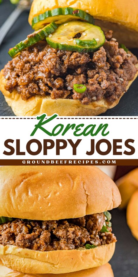 Your new favorite weeknight dinner for family! This quick 30-minute meal features ground beef and Korean pickles. Sweet and savory with a touch of spicy, this Korean sloppy joe recipe is delicious and satisfying! Korean Beef Sloppy Joes, Korean Sloppy Joes, Korean Pickles, Asian Ground Beef, Korean Meals, Slow Cooker Sloppy Joes, Beef Sandwich Recipes, Sloppy Joe Recipe, Beef Meals