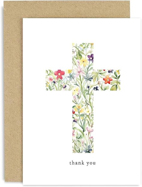 Amazon.com : Religious Thank You Cards - Watercolour Flower Cross Christian Thank You Card - Baptism and Christening Cards - Thank You for Baptism Christening Gift | Blank Inside : Office Products Christian Handmade Cards, Baptism Cards Handmade, Baptism Card, Christening Card, Watercolour Flower, Baptism Cards, Cross Christian, Flower Cross, Christian Cards