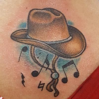 Australian Cowboy Hat, Country Music Tattoos, Country Tattoo, Cowboy Hat Drawing, Music Lover Tattoo, Shoe Tattoo, Tattoo For Dad, Microphone Tattoo, Cowboy Hat Tattoo