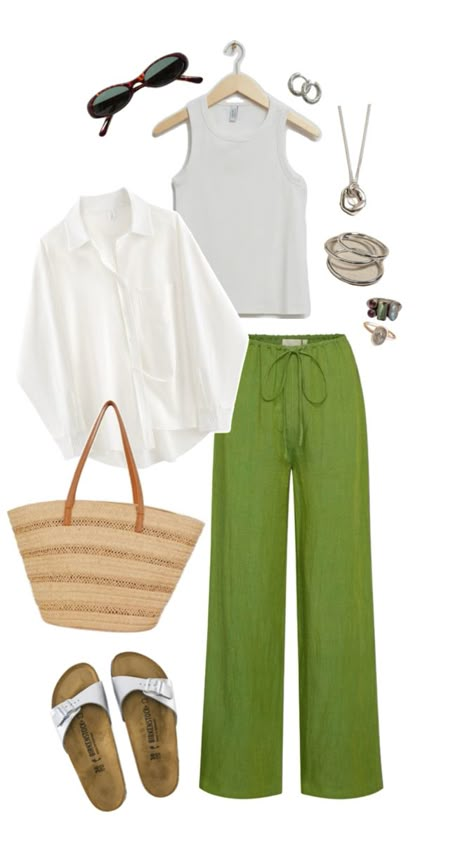 Green Linen Pants Outfit, Green Linen Pants, Linen Pants Outfit, Outfit Mujer, Transition Outfits, Capsule Outfits, Business Casual Outfits, Linen Pants, Travel Outfit