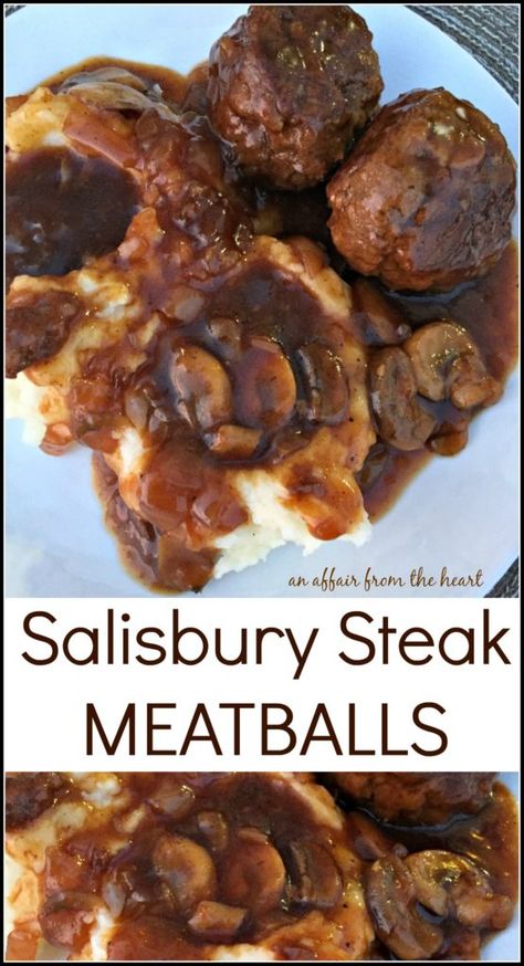 Salisbury Steak Meatballs, Seared Salmon Recipes, Salisbury Steak Recipes, Hamburger Steak, Salisbury Steak, Skirt Steak, Beef Dinner, Meatball Recipes, Croquettes