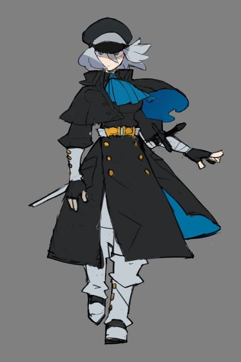 Industrial Character Design, Mortician Character Art, Scholar Clothes, Train Conductor Oc, Trench Coat Character, Witch Hunter Character Design, Conductor Character Design, Seamstress Character Design, Train Conductor Character Design