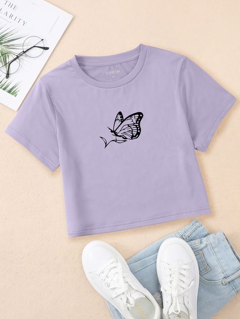 Leopard Butterfly, Flatlay Clothes, Butterfly Clothes, Printed Tee Women, Tumblr T Shirt, Flower Shorts, Purple T Shirts, Pink Crop Top, Round Neck Tees