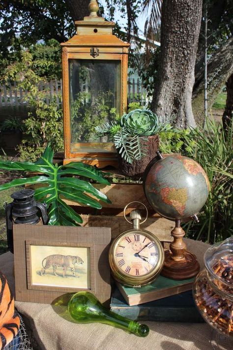 "Wild Adventure" | CatchMyParty.com Adventure Party Decorations, Safari Backyard Decor, Vintage Safari Decor, Vintage Safari Photos, Classy Jungle Theme Party, Out Of Africa Theme Party, Explorer Party Theme, Archeology Theme Party, Adventure Themed Party