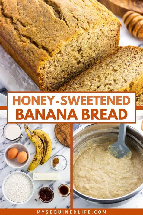 Banana bread ingredients, a bowl of batter, and a sliced baked loaf of honey banana bread. Banana Bread Recipe With Honey, Banana Bread With Honey, Honey Banana Bread, Fruit And Honey, Classic Banana Bread, Lunchbox Treats, Fun Baking, Baking Recipe, School Snack