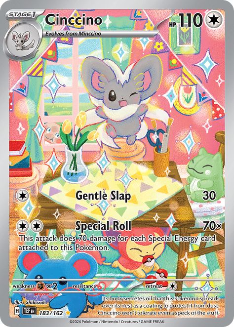 Cinccino · 110 HP · {C} Pokémon (Cinccino) › Stage 1 : Evolves from Minccino {C} → Gentle Slap : 30 {C}{C} → Special Roll : 70× This attack does 70 damage for each Special Energy card attached to this Pokémon. weak: {F}×2 | resist: […] Pokemon Trainer Card, Kartu Pokemon, Rare Pokemon Cards, Cool Pokemon Cards, Rare Pokemon, Scarlet Violet, Pokemon Coloring, Pokemon Trading Card Game, Pokemon Trading Card