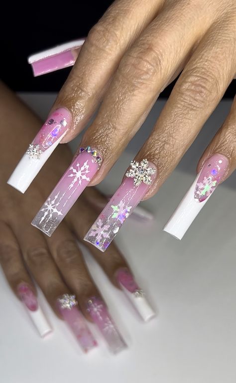 Snowflake Encapsulated Nails, Encapsulated Snowflake Nails, Pink And Black Christmas Nails, Snowflake Acrylics, Ombre Snowflake Nails, Pink Christmas Acrylic Nails, White Glitter Christmas Nails, Pink Baby Shower Nails, Pink And White Christmas Nails