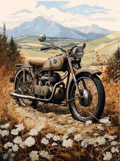 Classic Motorcycle with Beautiful Landscape Motorcycle Art Drawing, Motocycle Art, Motorbike Illustration, Vintage Motorcycle Art, Motorcycle Art Painting, Tree Photoshop, Motorbike Art, Motorcycle Rides, Motos Vintage