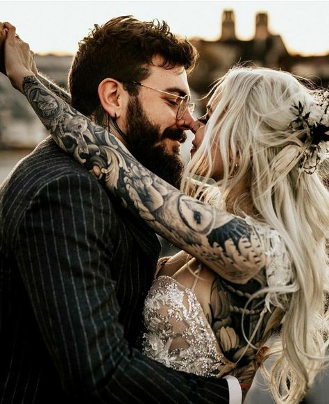 Rock N Roll Bride Magazine, Dream Couple, Dark Wedding Theme, Brides With Tattoos, Against All Odds, Wedding Picture Poses, Goth Wedding, Rock N Roll Bride, Dark Wedding