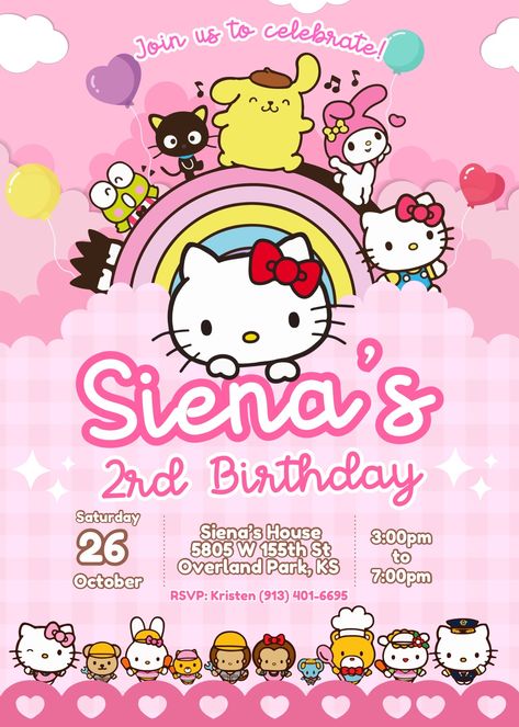 Kitty Birthday Invitations, Hello Kitty Birthday Invitations, 2nd Birthday Party For Girl, 2nd Birthday Party, Hello Kitty Birthday, 2nd Birthday Parties, 2nd Birthday, Birthday Invitations, Hello Kitty