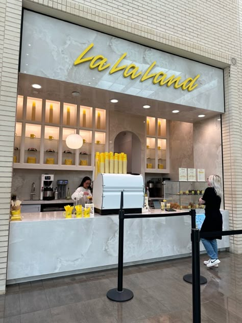 La La Land coffee shop in the Dallas north park mall #lalaland #lalalandcoffee #coffee #coffeeshop #retaildesign #dallas #northpark Lalaland Coffee Shop, La La Land Coffee Shop, Almond Mom, Bakery Names, Coffee Stand, Coffee Stands, Frozen Yoghurt, Aesthetic Shop, Coffee Shop Design