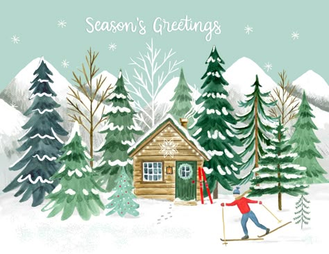 Cabin Illustration, Ski Illustration, Lodge Christmas, Cards Hand Painted, Winter Lodge, Map Creator, Christmas Lodge, Ski Cabin, Cabin In The Mountains