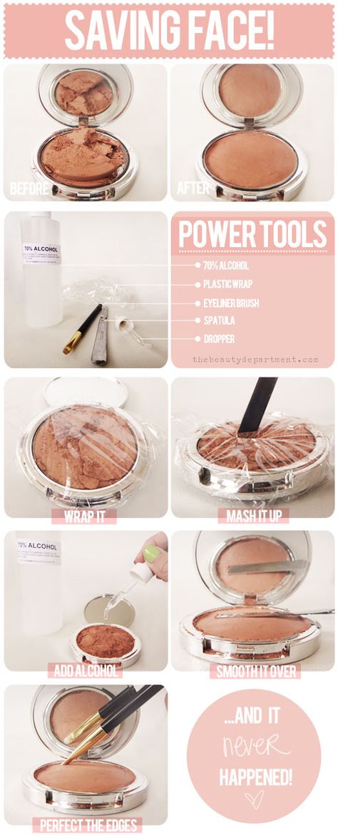 Fix a broken compact. Broken Makeup, Eye Dropper, Beauty Make-up, The Beauty Department, Makeup Hacks, Plastic Wrap, Diy Makeup, Cotton Ball, All Things Beauty