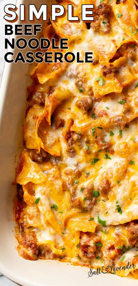 A hot weeknight dinner is easy with this delicious and simple beef noodle casserole recipe! It uses everyday ingredients and is family friendly. Egg Noodle Beef Casserole, Easy Beef Noodle Casserole, Noodles And Hamburger Meat Recipes, Simple Beef Casserole Recipes, Creamy Beef Noodle Casserole, Hamburg Noodle Casserole, Burger Noodle Casserole, Noodle Ground Beef Casserole, Hamber Recipes Ground Beef With Pasta