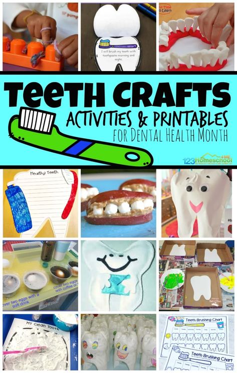 Celebrate dental health month for kids with these fun and creative dental crafts. We have lots of really clever ideas for toddler, pre-k, kindergarten, first grade, 2nd grade, and preschool dental crafts. Here are a whole bunch of fun, hands on teeth crafts and teeth activities for kids during February’s Dental Health Month. Brushing Teeth Activities, Dental Crafts, Dental Health Month Activities, Tooth Preschool, Dentist Crafts, Dental Health Preschool Crafts, Dental Health Crafts, Dental Health Kindergarten, Dental Health Unit