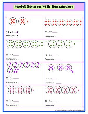 Worksheet | Model Division With Remainders | Write the quotients and remainder shown by the counters. Division With Remainders Worksheets, Division With Remainders, Long Division Worksheets, Division Worksheets, Long Division, 2nd Grade Worksheets, Third Grade Math, Math Methods, Math Worksheet