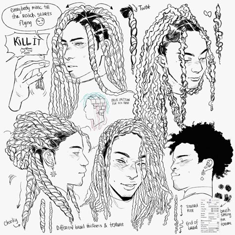 Poc Hair Tutorial Drawing, Locs Male Drawing, Drawing Poc Hairstyles, Black Male Hairstyles Drawing Reference, Drawing Locs Reference, Hair Locks Drawing Reference, Long Locs Drawing Reference, Locs Hairstyles Drawing Reference, Long Dreads Drawing Reference