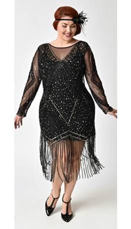 Black & Gold Plus Size Beaded Sheer Long Sleeve Betty Flapper Dress Gold Flapper Dress, Estilo Charleston, Plus Size Flapper Dress, Fall Outfits Women 20s, Style Année 20, 1920s Fashion Dresses, 1920s Party, Plus Size Black Dresses, 1920s Outfits