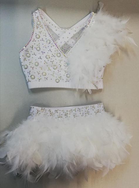 Feather Jazz Costumes, White Jazz Costume, Cute Jazz Costumes Dance, Dance Comp Costumes, White Lyrical Costume, Dance Outfits Competition, Custom Dance Costumes Jazz, Jazz Costumes Competition, White Dance Outfit