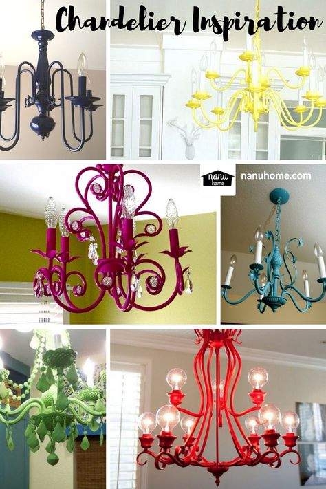 Color Chandelier, Painted Light Fixtures, Funky Chandelier Dining Rooms, Painted Chandelier Ideas Diy, Decorating With Chandeliers, Refurbished Chandelier, Colored Chandeliers, Chandelier Upgrade, Chandelier Redo Ideas