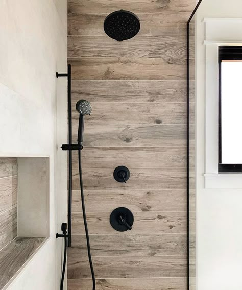 My current obsession... concrete and warm wood! I chose this combination of tiles for my son’s shower and it just might be my favorite… Wood Tile Shower, Rustic Bathroom Shower, Wood Tile Bathroom, Best Kitchen Design, Rustic Tile, Farmhouse Shower, Bad Inspiration, Hospital Interior Design, Master Bath Remodel