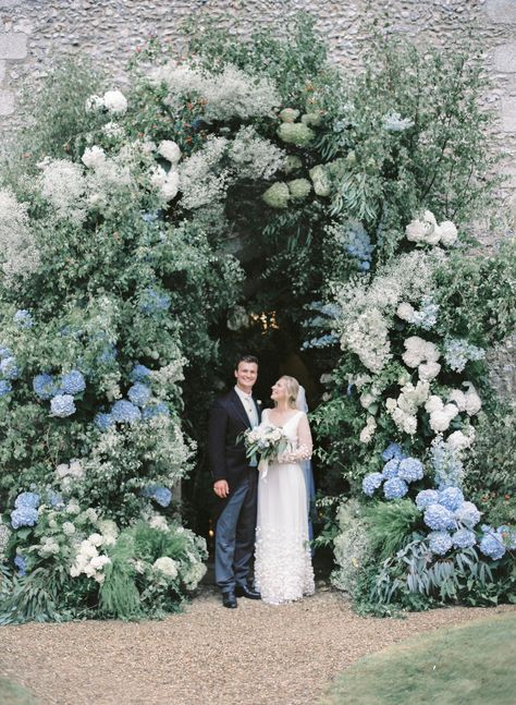 Blue hydrangea floral arch at a beautiful English church wedding Photography @katiejulia_ Planning @nataliehewittweddings Floral @allforlovelondon⠀ Wedding Floral Arch, Powder Blue Wedding, English Garden Wedding, Floral Installations, Blue Wedding Inspiration, Flower Arch, Hydrangeas Wedding, Imposter Syndrome, Church Flowers