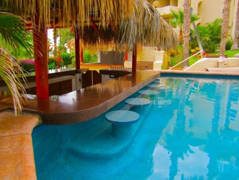 Pool With A Bar, Tiki Pool Bar, Swimming Pool Bar, Tropical House Plans, Pool Bar Design, Backyard Splash Pad, Beach House Pool, Outdoor Tiki Bar, Pool Side Bar