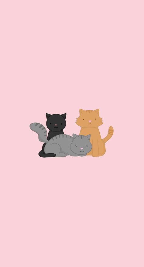 Three cats sitting together on a pink background. One is black, one is gray, and one is orange. Black Cat And Orange Cat Art, Black And Orange Cat Wallpaper, Three Cats Aesthetic, Cat Screensaver, Three Cats Drawing, Cats Phone Wallpaper, Orange Cat Wallpaper, Trio Cats, Grey Cat Wallpaper