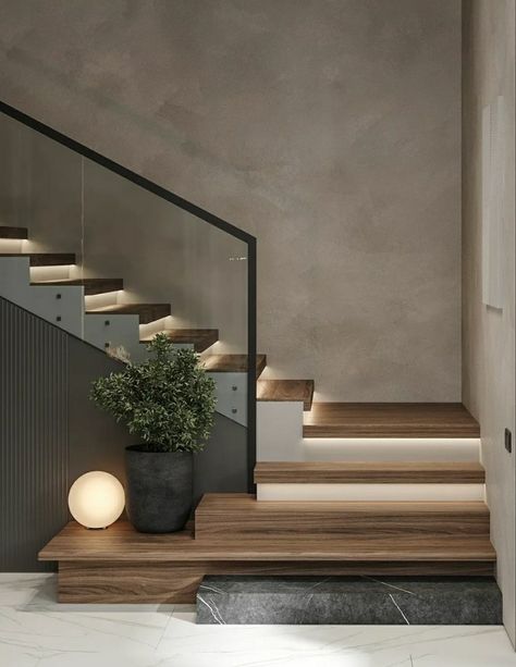 Stair Cases Modern, Modern Basement Stairs, Wood And Marble Stairs, Japandi Staircase, House Stairs Design, Stair Landing Decor Ideas, Entryway With Stairs, Staircase Minimalist, Modern Contemporary Staircase