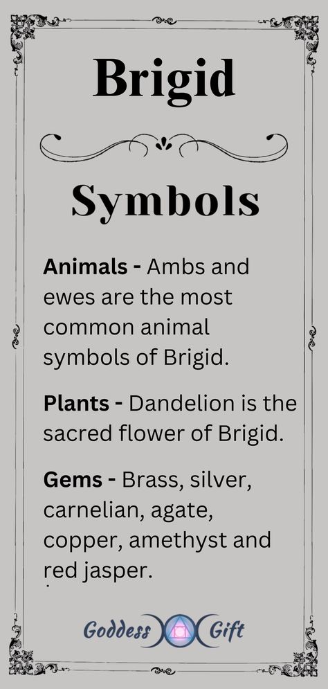 Explore the rich symbolism of the goddess Brigid, whose essence is intertwined with light, warmth, and nature. From fire and poetry to lambs and dandelions, these symbols evoke the spirit of compassion, creativity, and healing. Learn more - https://goddessgift.com/goddesses/brigid/ . #BrigidGoddess #AncientSymbols #CelticMythology #GoddessWisdom #FireAndLight #NatureSpirits #MythologyMagic #Spirituality #HealingCrystals #Inspiration #BrigidSymbols #GoddessEnergy #CelticTraditions Brigid Goddess Symbols, Airmed Celtic Goddess, Brigid Celtic Goddess, Brigid Aesthetic, Goddess Bridget, Brigid Altar, List Of Goddesses, Goddess Of Sun, Brighid Goddess