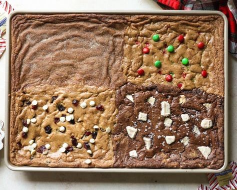 These Sheet Pan Christmas Cookies feature 4 festive flavors of the softest, chewiest cookies, all made in one single sheet pan, and with no scooping, chill time, or mixers required! This recipe is such a convenient and tasty way to make a large quantity of cookies so there’s something everyone will love. Perfect for the holiday season and sharing with a crowd, I know you’ll love these! #sheetpancookies #christmascookies #holidaybaking #easybakingrecipes #easycookierecipes Chewiest Cookies, Sheet Pan Cookies, Sheet Pan Desserts, Pan Desserts, Pumpkin Pie Cookies, Cranberry Bliss Bars, Pan Cookies, Comfort Food Chicken, Chewy Sugar Cookies