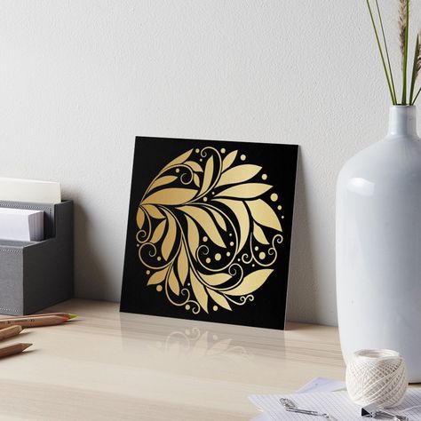 "Golden leaf ornament with a black background." Art Boards by Annartlab | Redbubble Gold Foil Art Canvas, Black Background Art, Gold Foil Art, Food Drawings, Golden Texture, Leaf Ornament, Golden Design, Simple Canvas Paintings, Gold Leaf Art