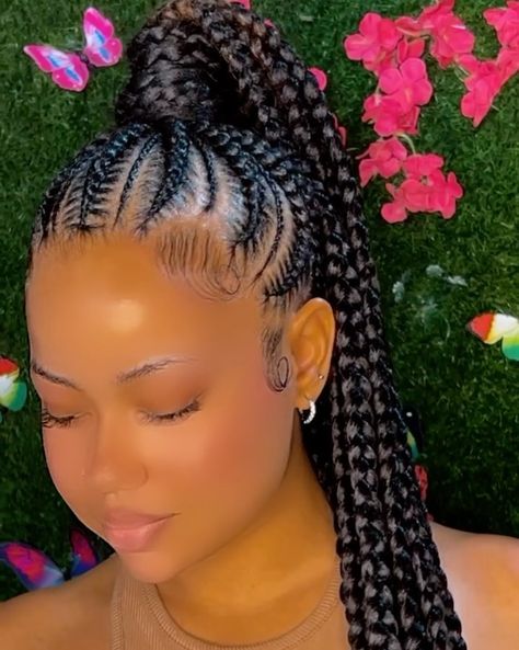 Feed In Braids With Ponytail, Feeder Braids Ponytail, Feeder Ponytail Braids, Stitch Braids Ponytail With Curls, Trible Braids With Curly Hair, Feed In Ponytail Braids, Ponytail Braid Hairstyles Black, Feedin Braids Ponytail, Braided Ponytail Ideas