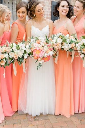 Coral Wedding Colors Scheme, Peach Wedding Theme, Coral Wedding Themes, Coral Wedding Colors, Peach Bridesmaid, Peach Bridesmaid Dresses, Coral Bridesmaid, Spring Wedding Color Palette, Gorgeous Bridesmaid Dresses