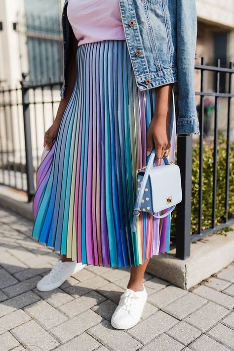 Rainbow Skirt Outfit, Pastel Rainbow Skirt, Pastel Outfit Ideas, Fashion Transformation, Stylish Mom Outfits, Renn Faire, Pastel Outfits, Spring Rainbow, Rainbow Skirt