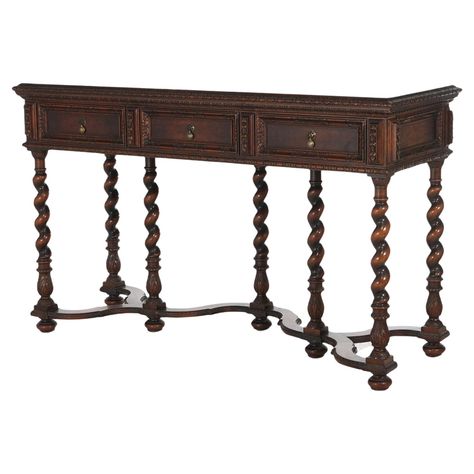 ***Inquire About Reduced In-House Delivery Rates - Reliable Professional Service & Fully Insured*** Antique Elizabethan Style Carved Walnut Three-Drawer Server on Barley Twist Legs with Stylized Stretcher C1920 Measures - 33.75"H x 53.75"W x 20"D Tiered Server, Barley Twist, Serving Table, Trestle Table, Florida Georgia, French Oak, Orzo, Upholstered Seating, Barley